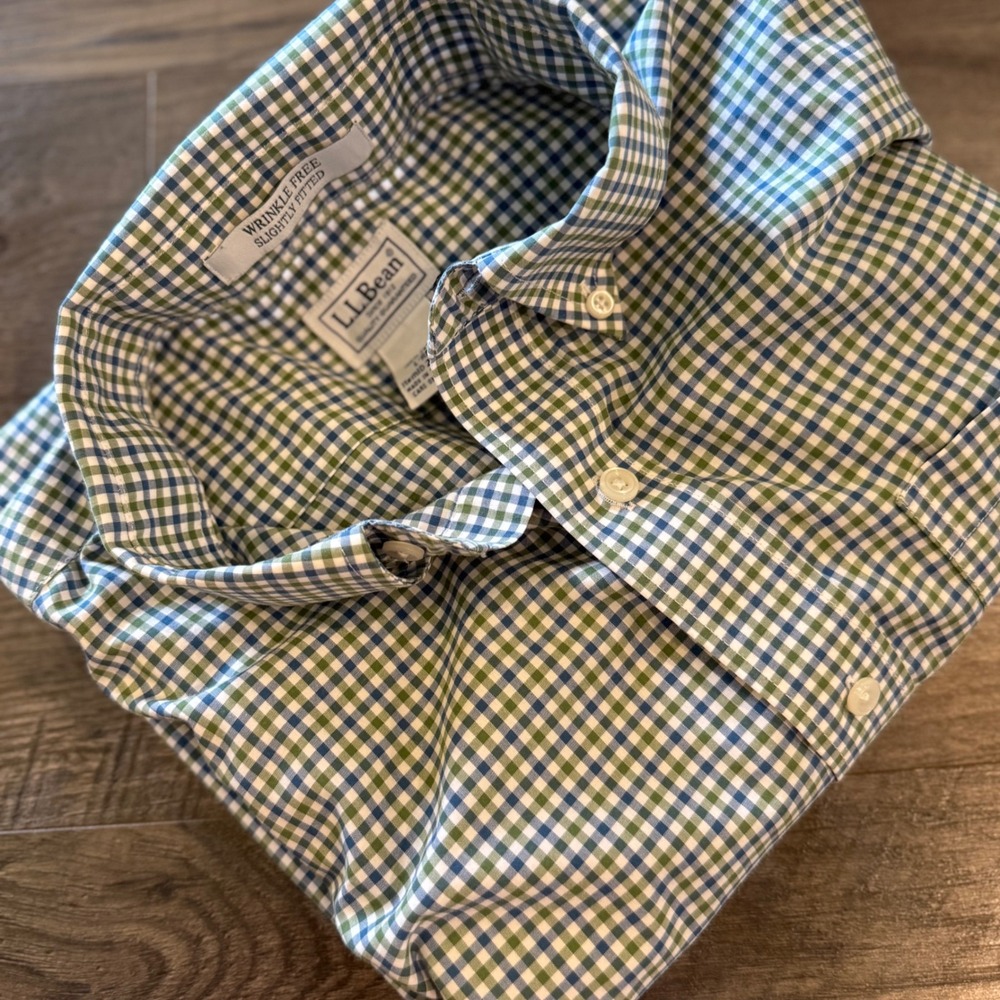L.L. Bean Wrinkle Free Slightly Fitted Gingham Button Down Shirt Green‎ Blue L